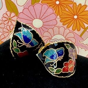 Cloisonné Leaf Shape CLIP On Earrings Black Butterfly Floral